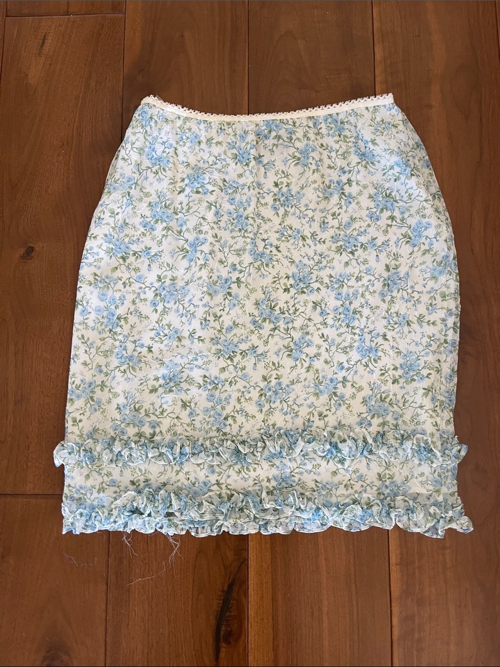 ABS Allen Schwartz White Pencil Skirt with Blue Floral Ruffles